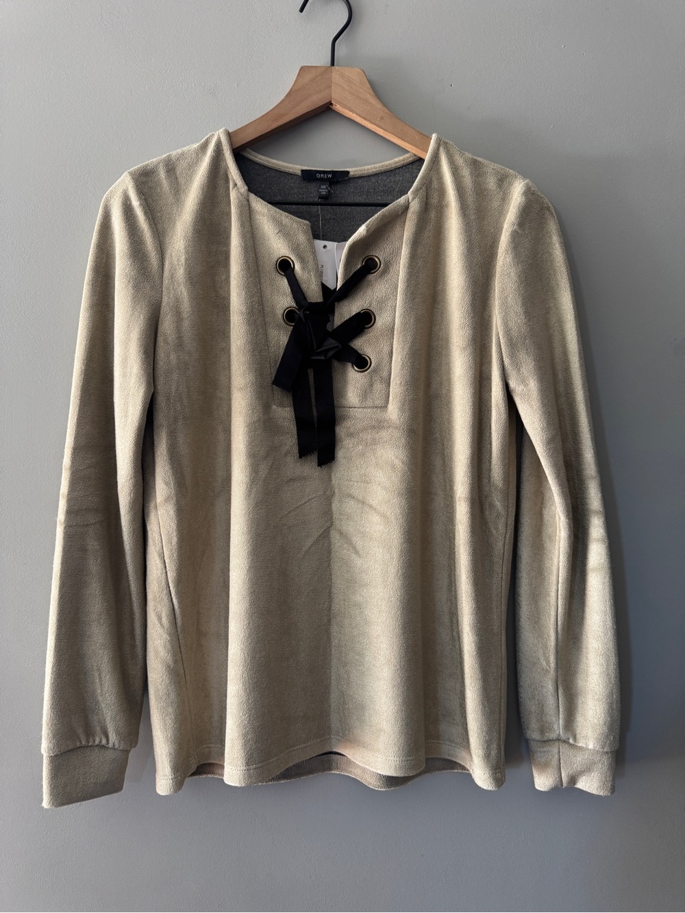 NWT | DREW | Taupe Velour Lace-Up Long Sleeve Top with Black Ribbon | XS